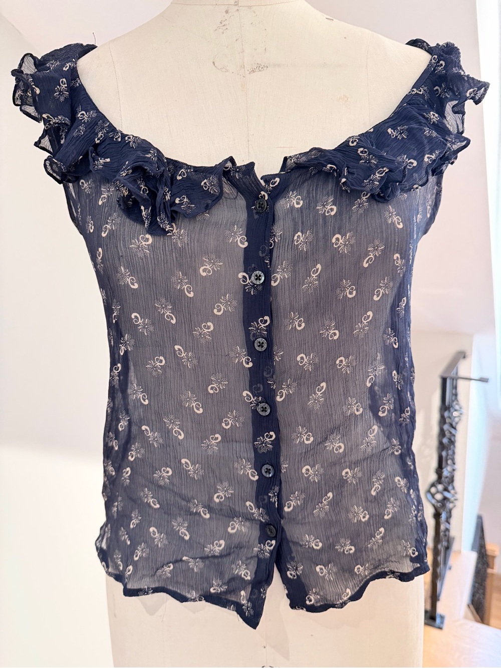 Ralph Lauren Silk Navy Ruffle Button-Front Top